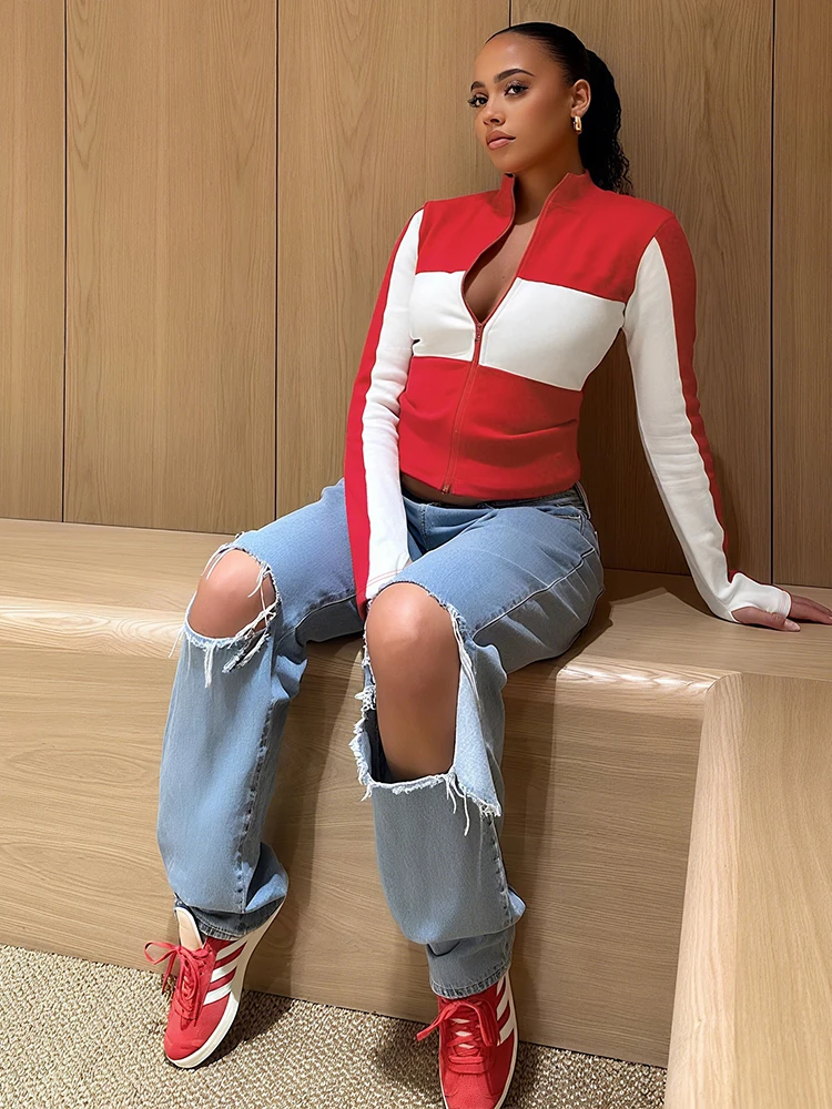 

Кардиган на молнии Macheda, женская осенняя новая тенденция, контрастный дизайн, с длинным рукавом, с открытым пупком, повседневная повседневная одежда в спортивном стиле