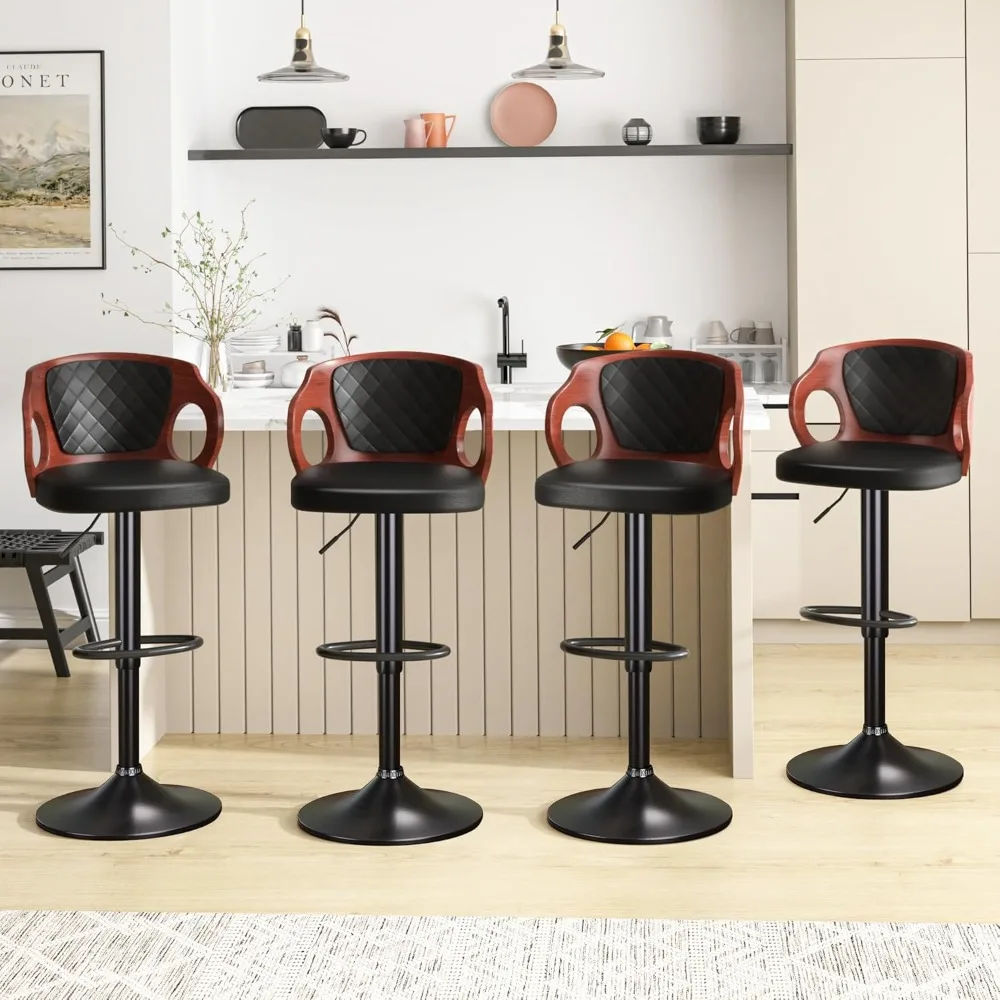 Bar Stools Set of 2,Adjustable Counter Height Stools with Bentwood Back,Armrest&Footrest,Swivel PU Leather Bar Chairs for Kitch