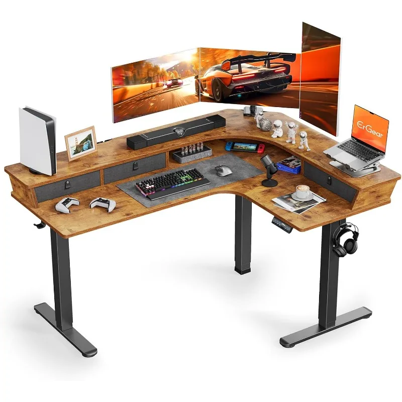 ErGear 65″ L Shaped Standing Desk for Gaming, [3 Drawers & 2 Cable Management Trays] Corner Stand up Desk w/Monitor