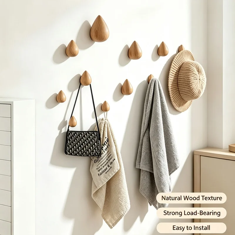 Cute Water Drop Log Color Beech Wood Hook Multi-Purpose Key Holder Decoration Wall Coat Rack Door Clothes Storage Home Organizer
