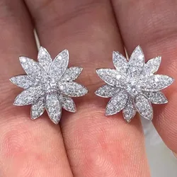 Huitan Aesthetic Flower Stud Earrings Full Paved Cubic Zircon Sparkling Ear Piercing Accessories for Women Wedding Party Jewelry