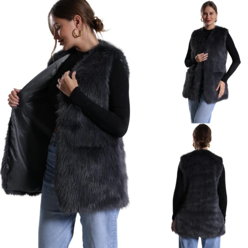 

Faux Fur Women Vest Coats Thick Warm Vests Coat Casual V Neck Sleeveless Open Stitch Elegant Jackets Outerwear Autumn Winter