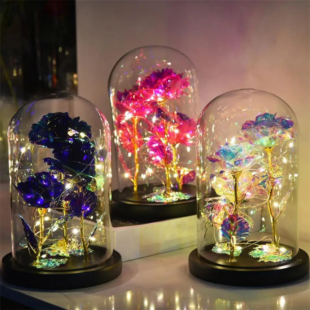 Glass Dome Rose Decoration Gold Foil Rose Glass Dome Decoration with Black Wood Base Valentine's Day Gift Artificial for Home