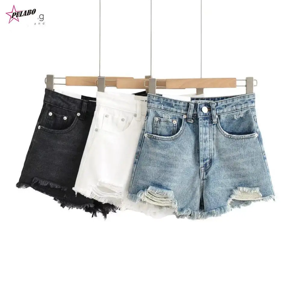 

PULABO PERITANG Summer Denim Shorts for Women Black Jeans Shorts Women Distressed Short Mujer White Jean Shorts Ripped Y2k ins