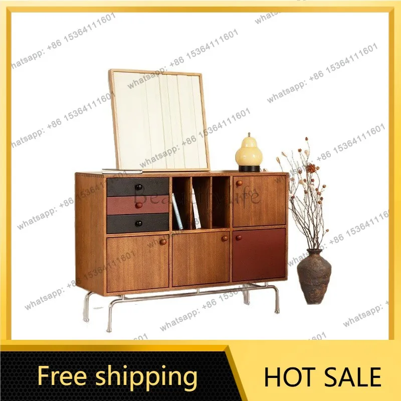Zj. Medieval contrasting color solid wood dining side cabinet living room storage wall locker