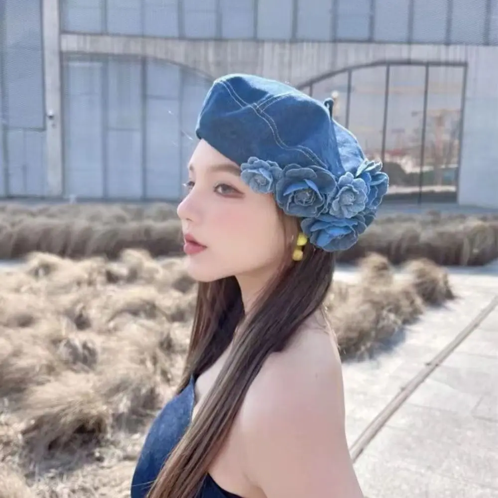 Spring and Summer Contrasting Colors Denim Camellia Trendy Fluffy Denim Color Cotton Painter Hat Casual Fashionable Beret Hat