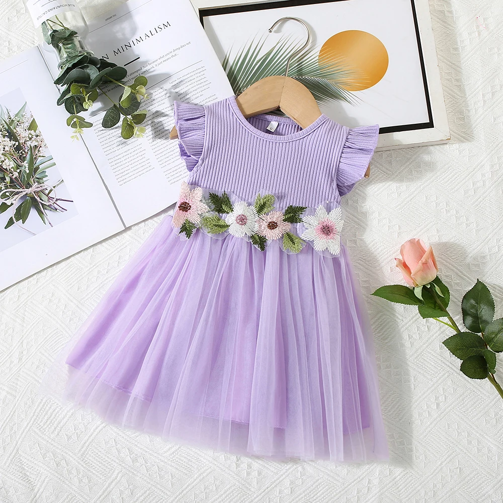 Summer Dress for Baby Girl Korean Style Fashion Sweet Flowers Spliced Cotton Birthday Party Gift Toddler Princess Fairy Dress