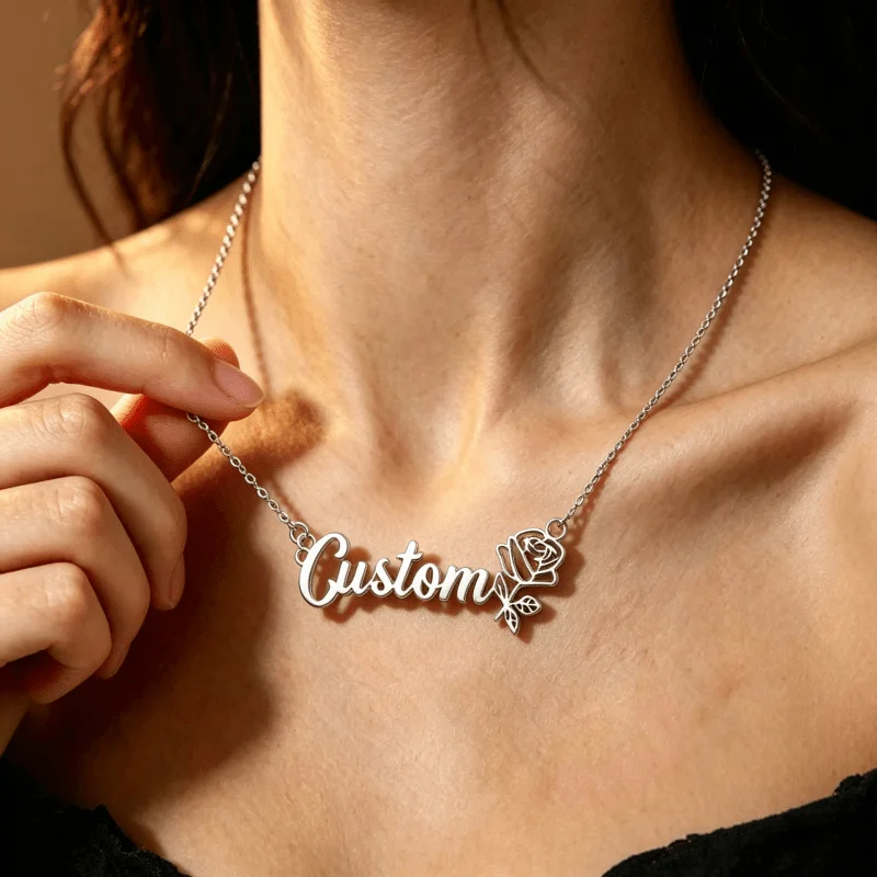 Custom Name Necklace for Women Personalized Hollow Rose Cursive Script Nameplate Pendant Gold Color Chain Fashion Jewelry Gift