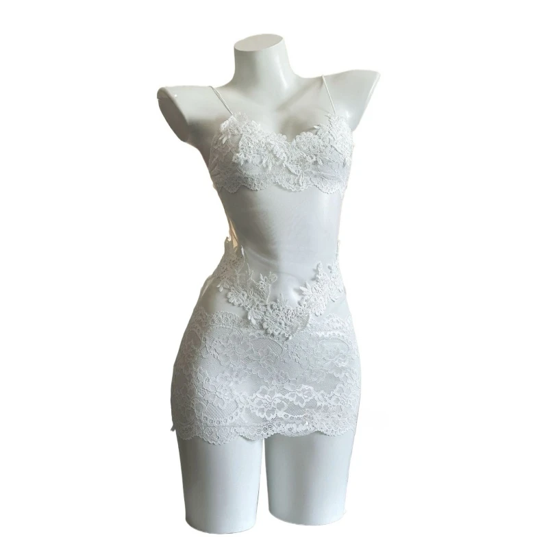 Vestido sexy sin tirantes con encaje bordado para mujer, camisón transparente de malla, lencería sin espalda, atuendos de rol, lencería hueca para chicas