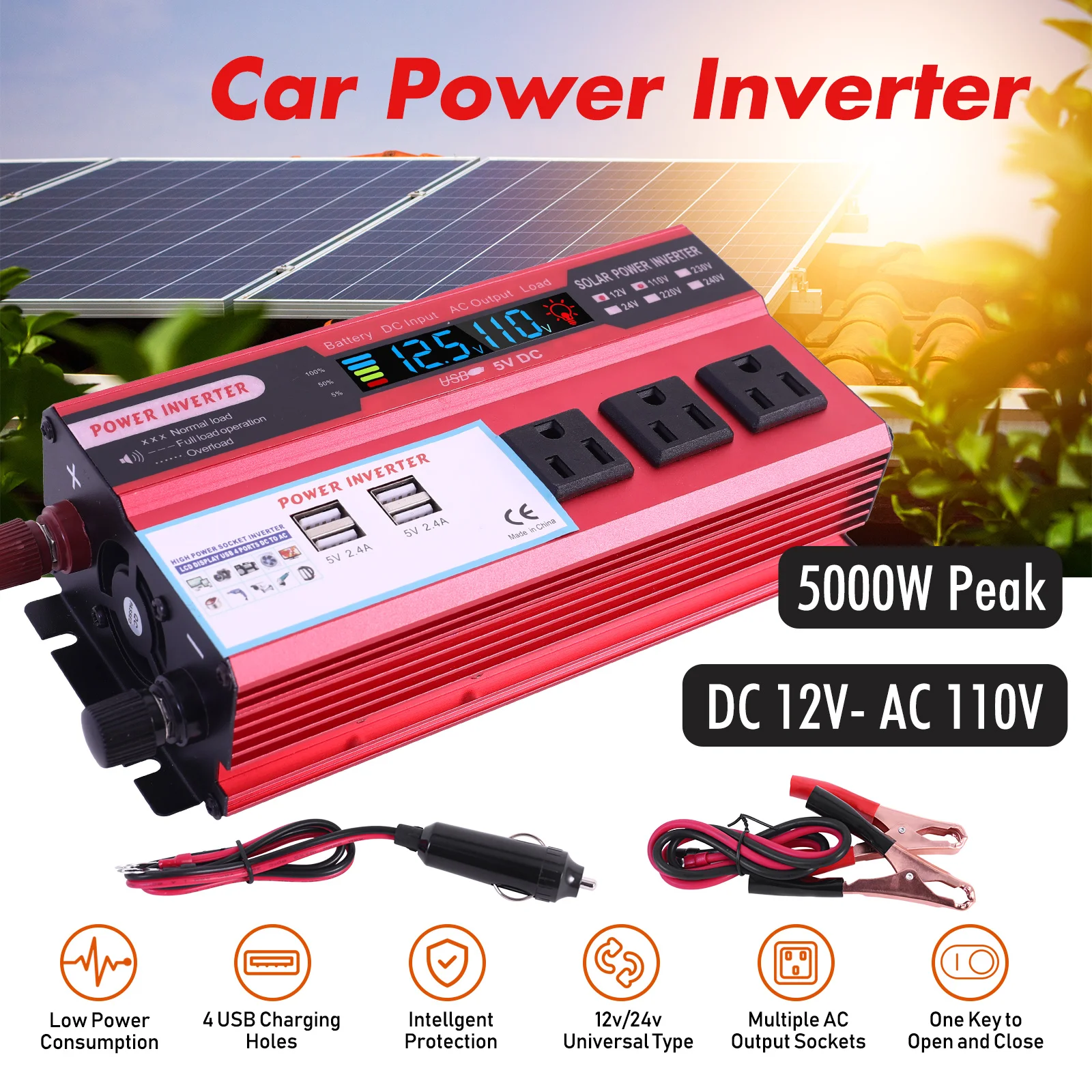5000W Car Converter Power Inverter DC 12V To AC 110V Converter LCD 4 USB Ports and 110V AC Outlet Cigarette Lighter Battery