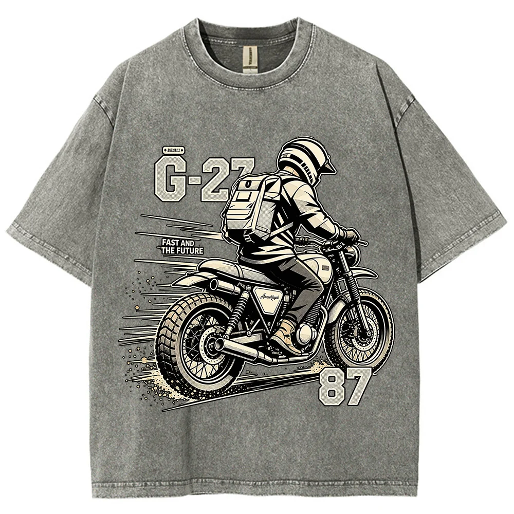 Vintage Motorcycle T Shirt Washed Beige Biker Graphic Tees Oversized Cotton Short Sleeve Tops Biker Gift Men Women