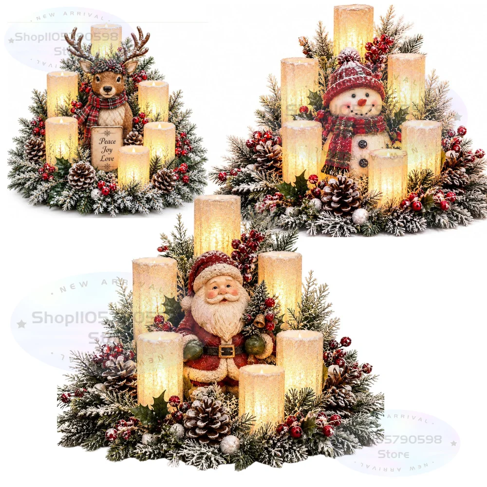 Christmas Lighted Centerpiece with Flameless Candle Glow Reindeer,Lighted Christmas Village,360° Festive Holiday Decoration