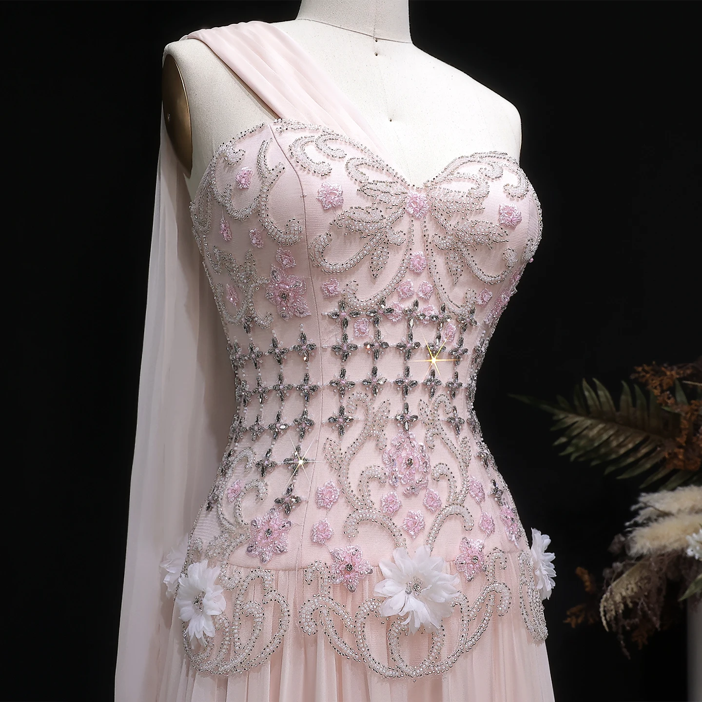 Sharon Said Elegant One Shoulder A Line Evening Dress with Cape 3D Flowers Crys… - Image 5