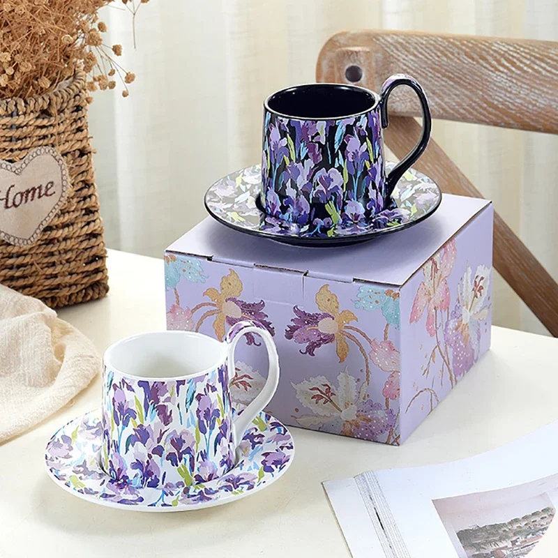 Purple Iris Coffee Cup Ceramic Cup Suit Exquisite Gift Giving High-Class Cup And Saucer Afternoon Tea Mug Accompanying Holiday