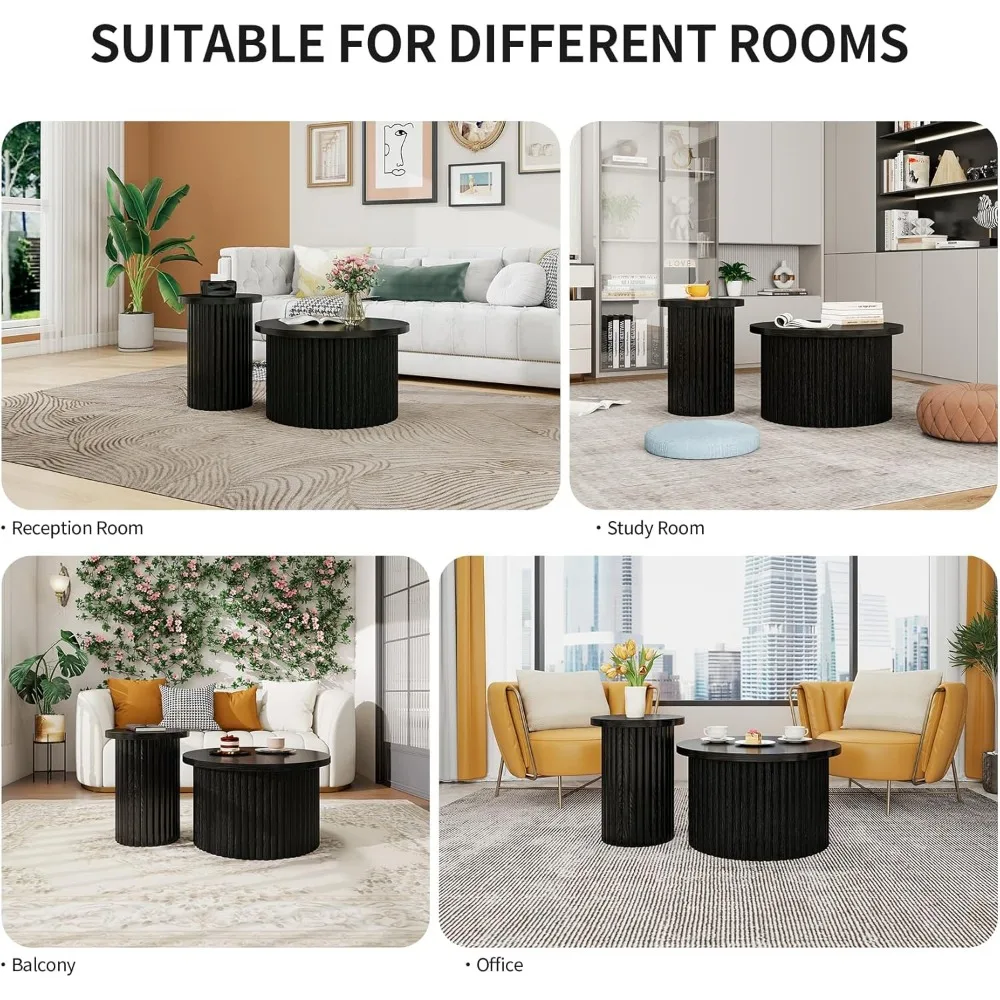 Set di 2 tavolini da caffè impilabili in legno, tavolini rotondi moderni con piedini antiscivolo, tavolini scanalati Nesting per soggiorno Bal