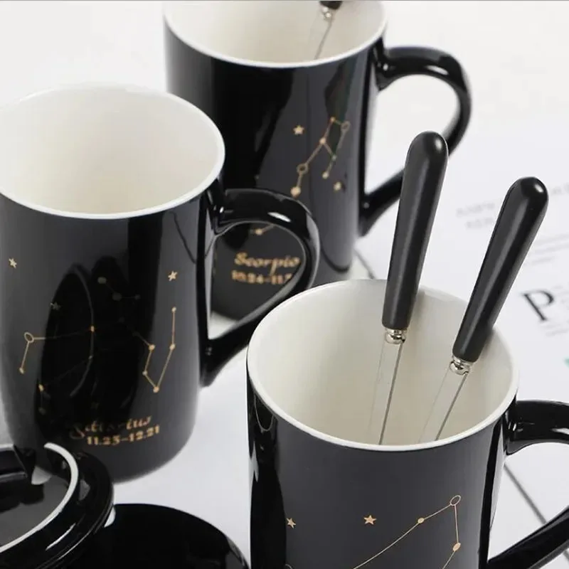 With Gift Box 12 Constellations Ceramic Mugs Spoon Lid Black and Gold Porcelain Zodiac Milk Coffee Cup 400ML Water