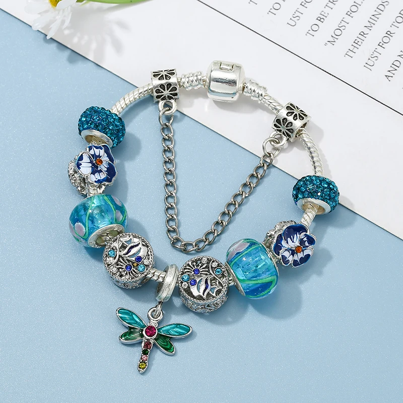 Groen Leuke Dragonfly Hanger Charm Armbanden Met Vintage Verzilverd Armband Voor Vrouwen Kinderen Meisje Sieraden Geschenken Dropshipping