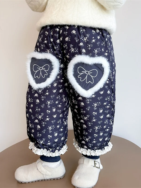 

Хлопковые брюки Thiened на пуху для девочек, зимние теплые длинные брюки с принтом сердца и цветов, прямые брюки с высокой талией, милые брюки