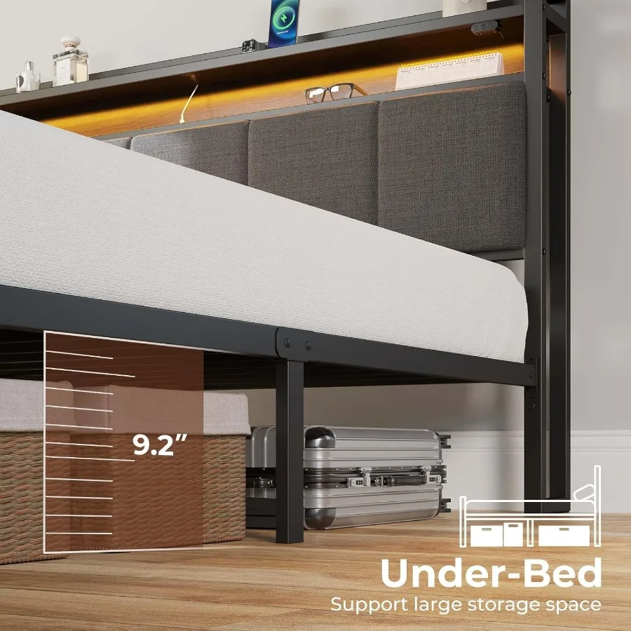 Marco de cama doble con estación de carga incorporada y luces LED ambientales Cabecero tapizado con almacenamiento ajustable Sh