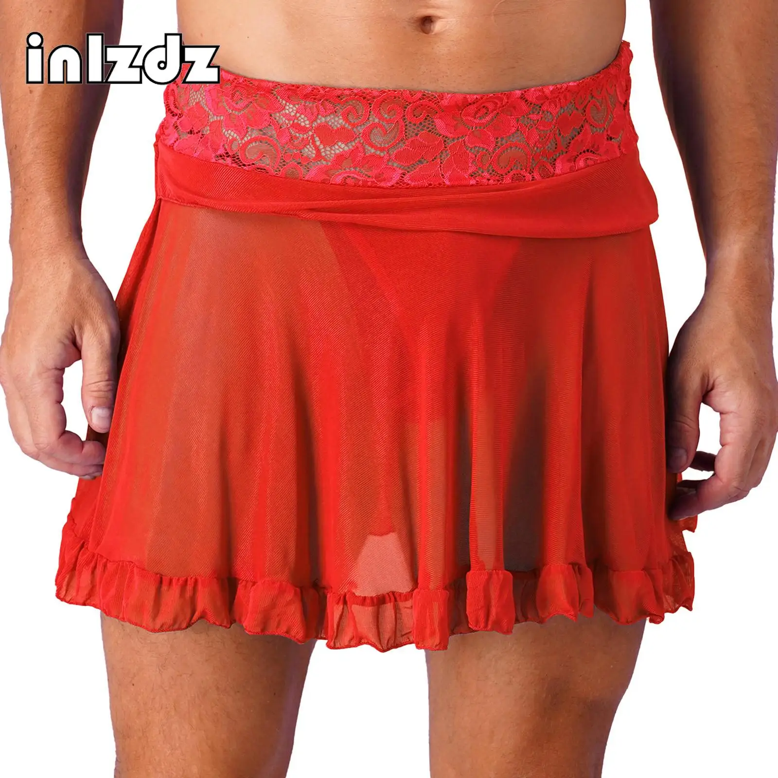 

Mens Sheer Lace Exotic Miniskirt with G-string Set See-through Mesh Frilly Skirt Cover Ups Beachwear Solid High Waist skirt