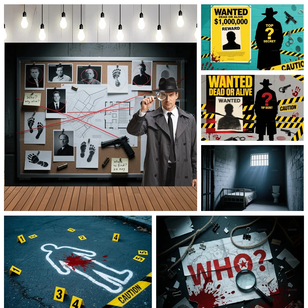 

​​Crime Scene Investigation Backdrop Detective Spy Interrogation Room Police Evidence Customizable Photography Background​​