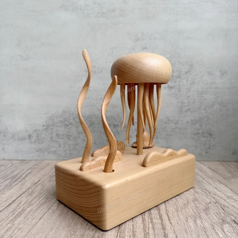 Wooden Mechanical Jellyfish Creative Display Piece Soothing and Stress-relieving Wooden Handicrafts Allsolid Wood Jellyfish Gift