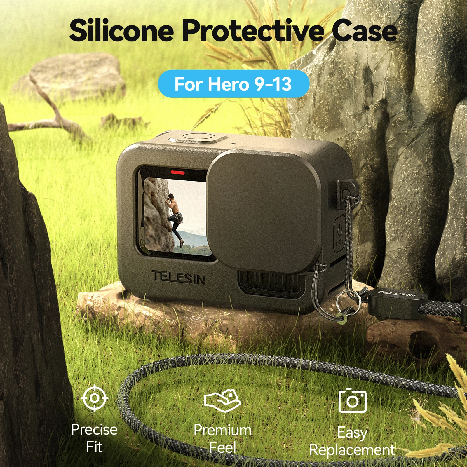 

TELESIN Silicone Protective Case For GoPro 13 12 11 10 9 Lens Cap Black Hand Neck Wrist Strap For GoPro Hero Black Accessories