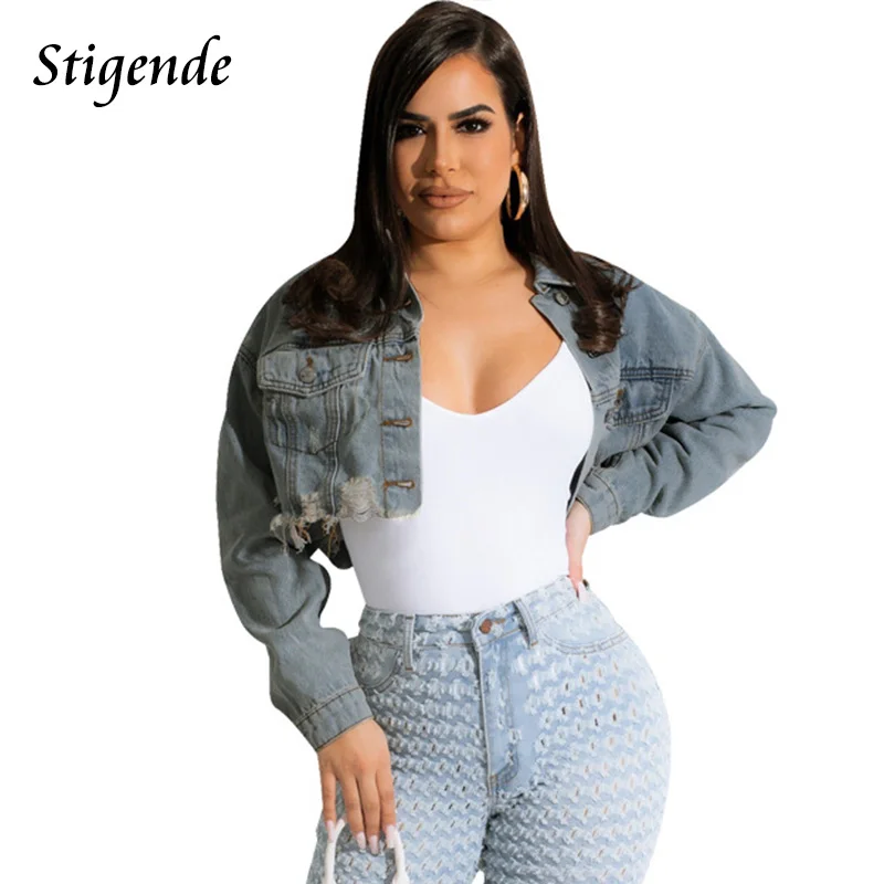 Stigende Women Single Breasted Shredded Jeans Short Coat Ripped Crop Denim Jacket Long Sleeve Turn Down Collar Button Tops