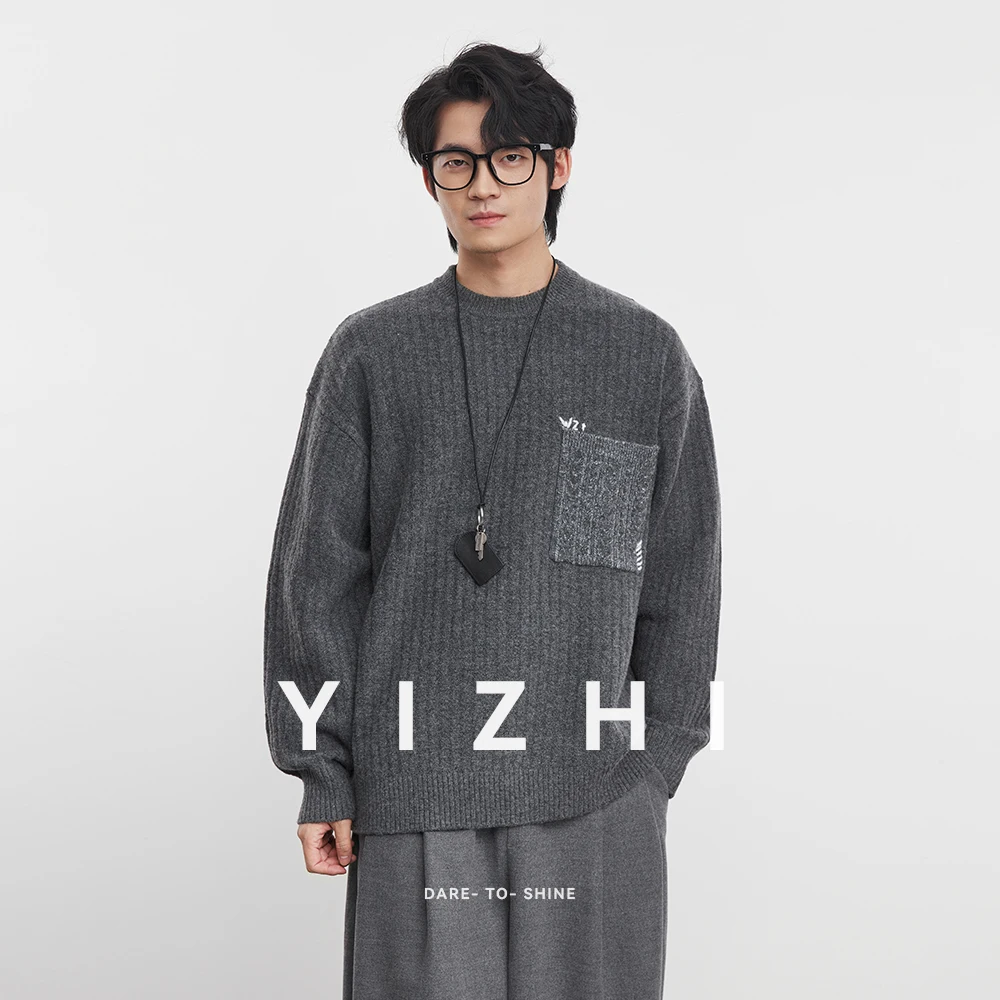 أزياء الرجال مزيج الصوف كتلة اللون جيب متماسكة سترة 2025 الخريف الشتاء العصرية طويلة الأكمام البلوز