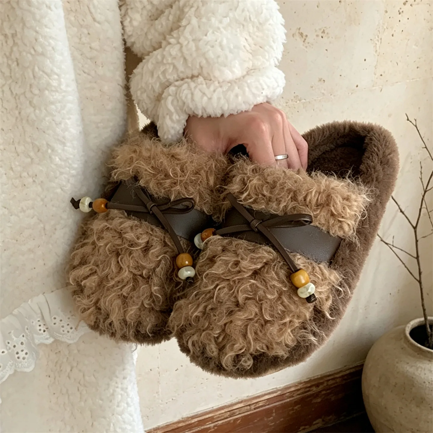 Ethnic-Style Beaded Bow Cotton Slippers Women Retro Color-Blocked, Winter Cozy Warm Soft.