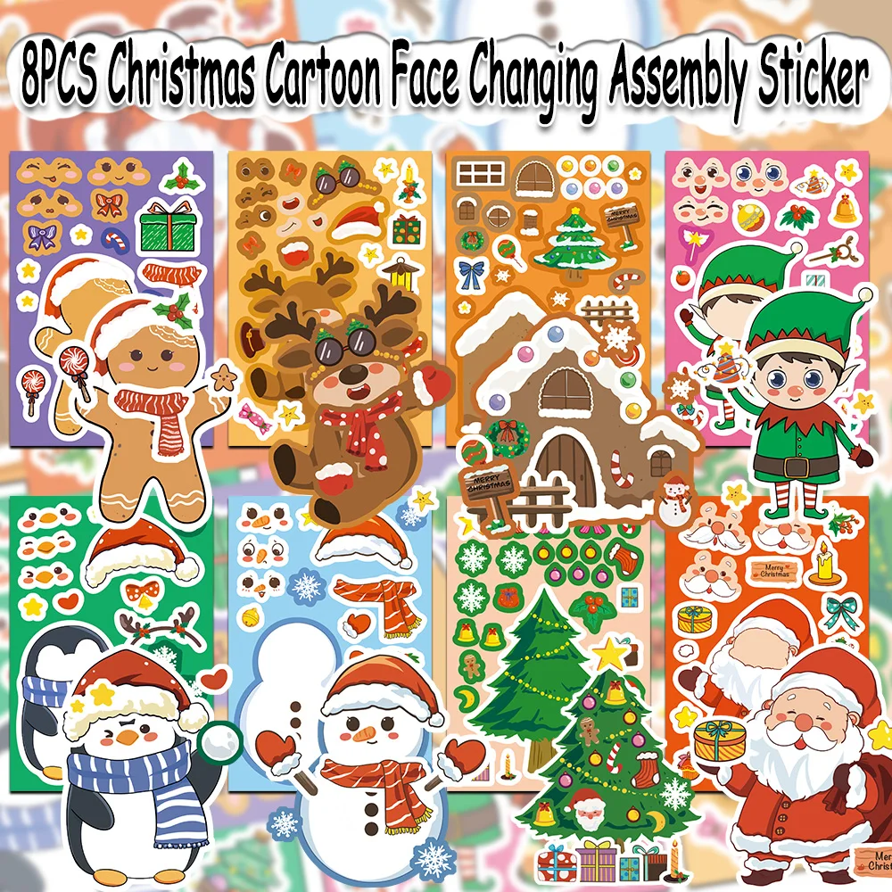 500 قطعة من ملصقات تجميع شخصية كرتونية ممتعة لعيد الميلاد ومتغيرة الوجه سانتا كلوز البطريق ثلج الزنجبيل هدية العيد