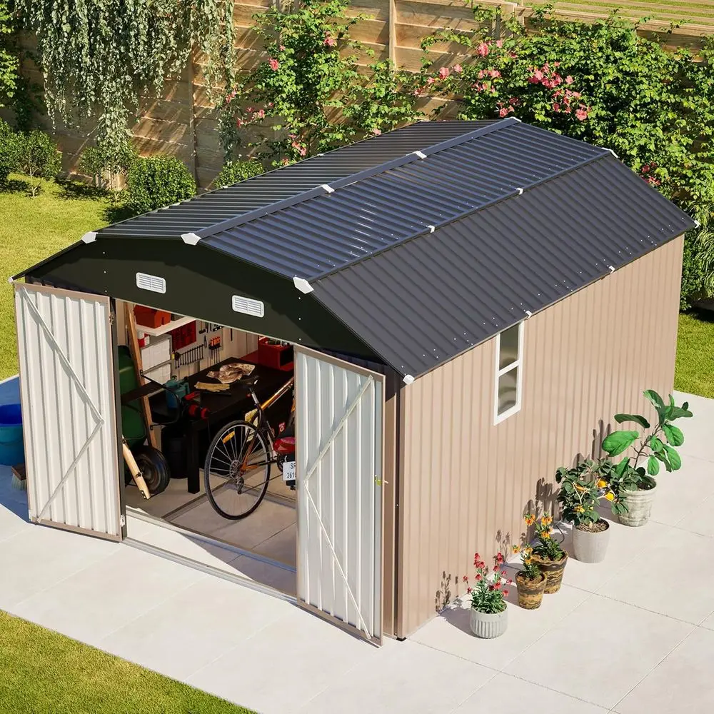 

Сарай для хранения на открытом воздухе из оцинкованной стали 10' x 12' с 4 вентиляционными отверстиями, 2 окнами, идеально подходит для газона, сада и патио