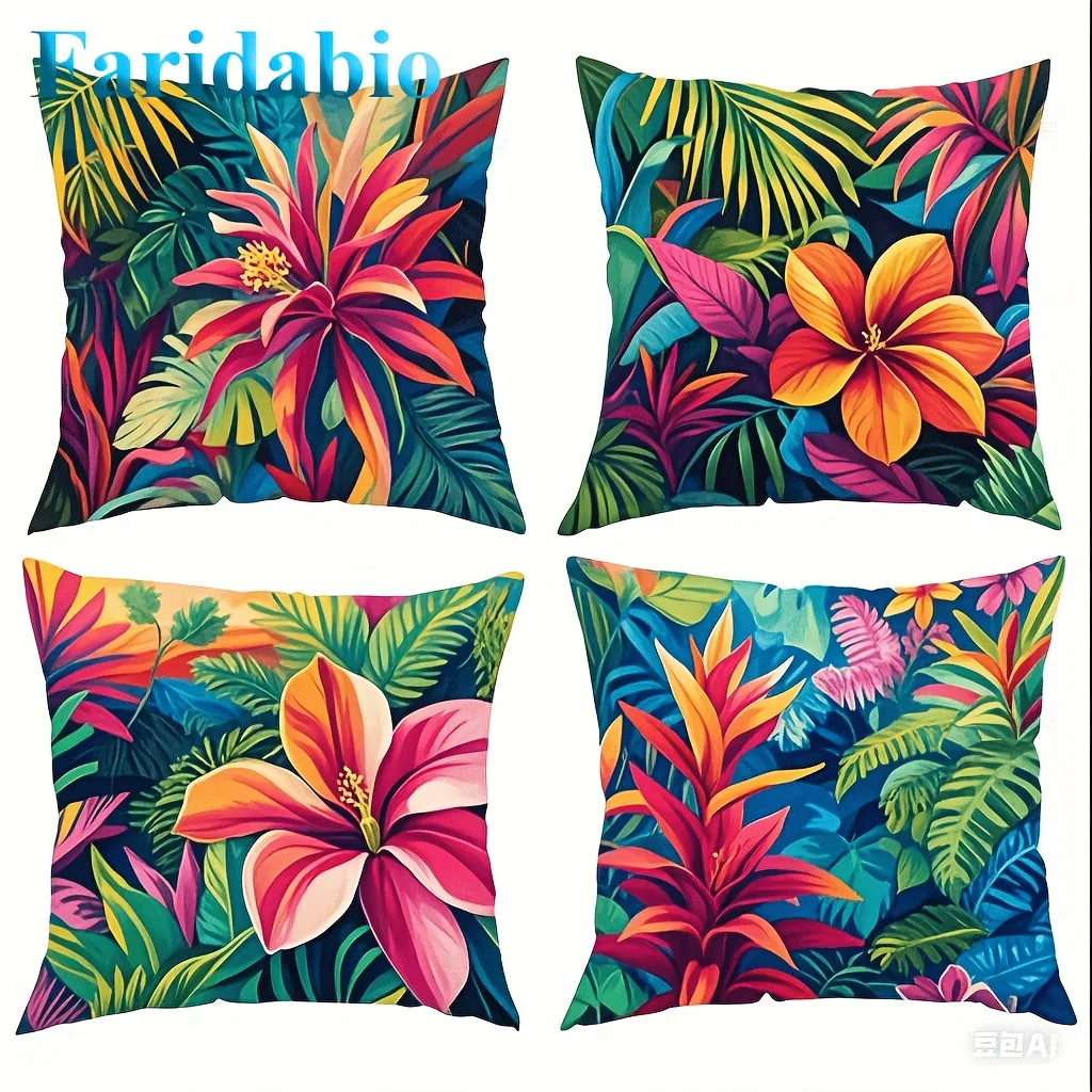 4 fundas de almohada Farida Bio Tropical Hibiscus & Palm Leaf - Decoración costera de verano con fondo oscuro, estampados tropicales