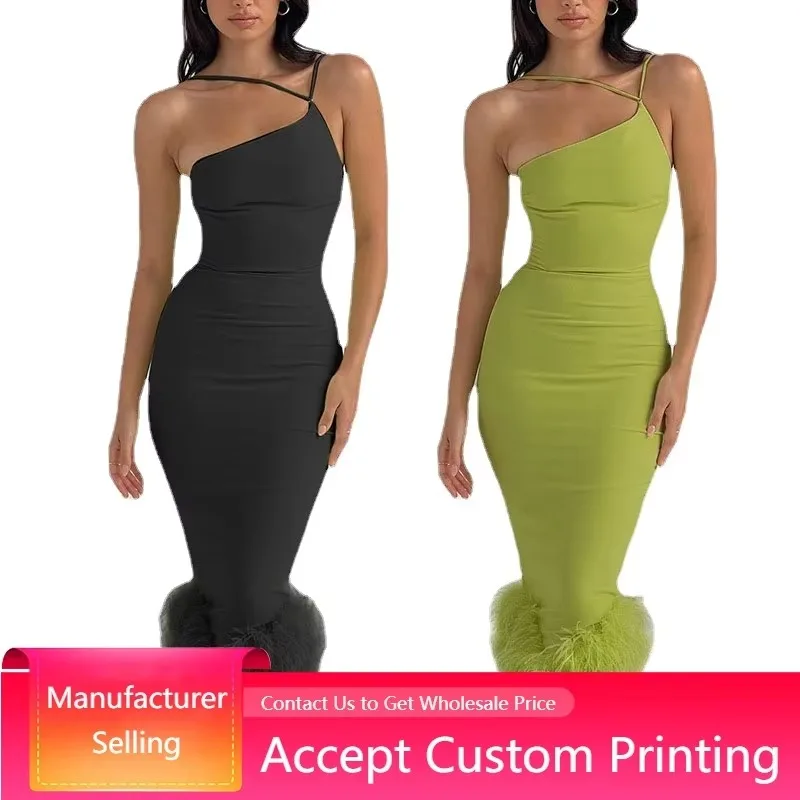 

Women Midi Dresses Elegant Party One Shoulder Hanging Neck Dress Sexy Backless Slim Feather Fishtail Bodycon Long Dress