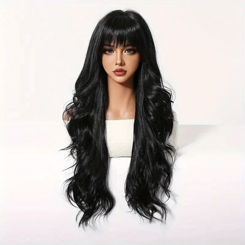30-inch African Curly/Natural Wavy Wig with Bangs for Ladies - Soft Heat-Resistant Synthetic Hair, Suitable for Daily Wear