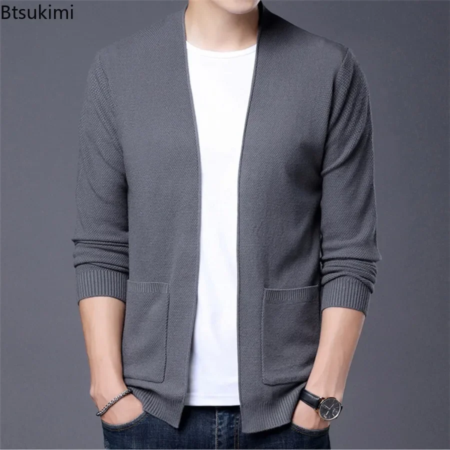 

2024 Men's Casual Knitted Cardigan Jacket Solid Simple Coats Jacket Men Slim Fit Big Pocket Koran Sweater Jacket Coats Men Tops