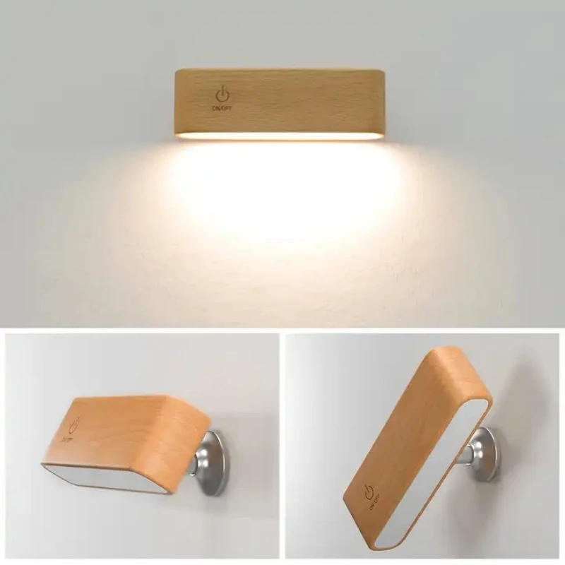 LED Rechargeable 360 Rotatable Portable Bedroom Wall Bedside Reading Night Light，Classical Modern Wooden Reading Light