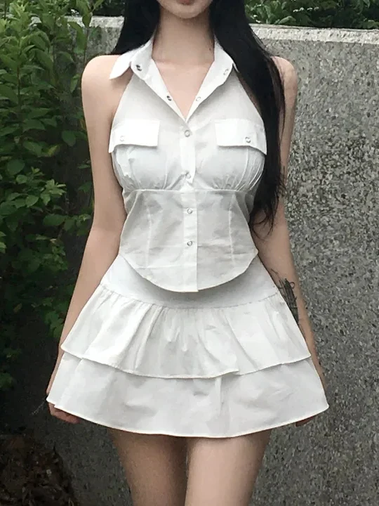

Slimming High Waist Sleeveless Shirt And Short Skirt Women's Fashion Set Summer Cotton Short Length Classic Two-Piece Set