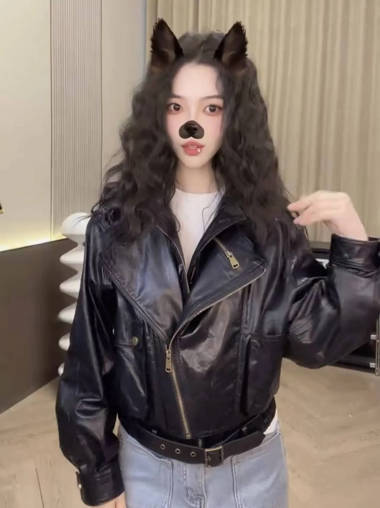 

Женская кожаная куртка Ning 2026: новая осенняя коллекция, из натуральной овчины, модный городской стиль, на молнии