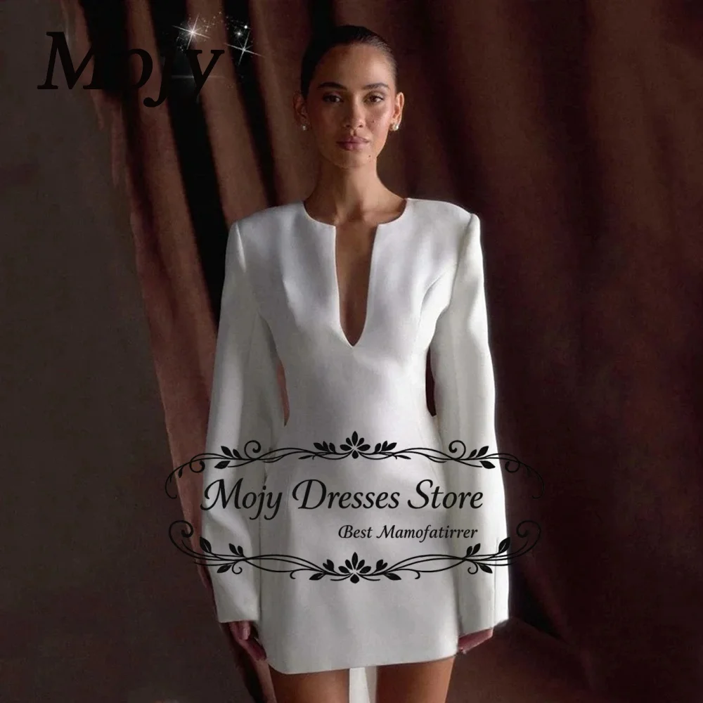 

Mojy 2026 Simple Satin Mini Customized Long Sleeves V-Neck Wedding Prom Dress with Bow Customized Party Gown