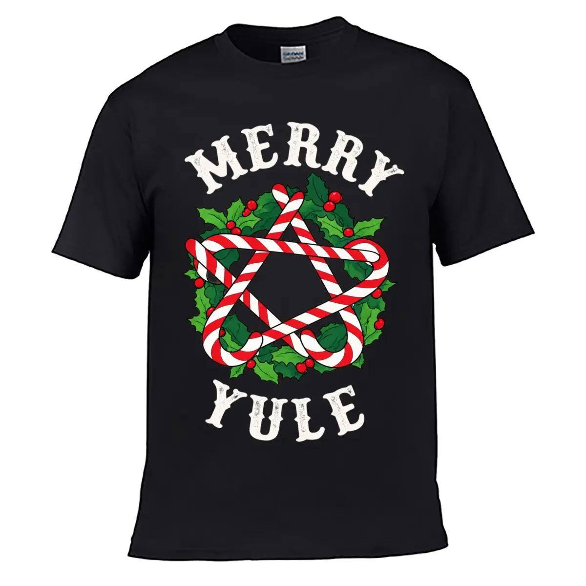 Merry Yule Candy Canes Star Holly Wreath Christmas Solid Washed Vintage Tee Distressed Loose