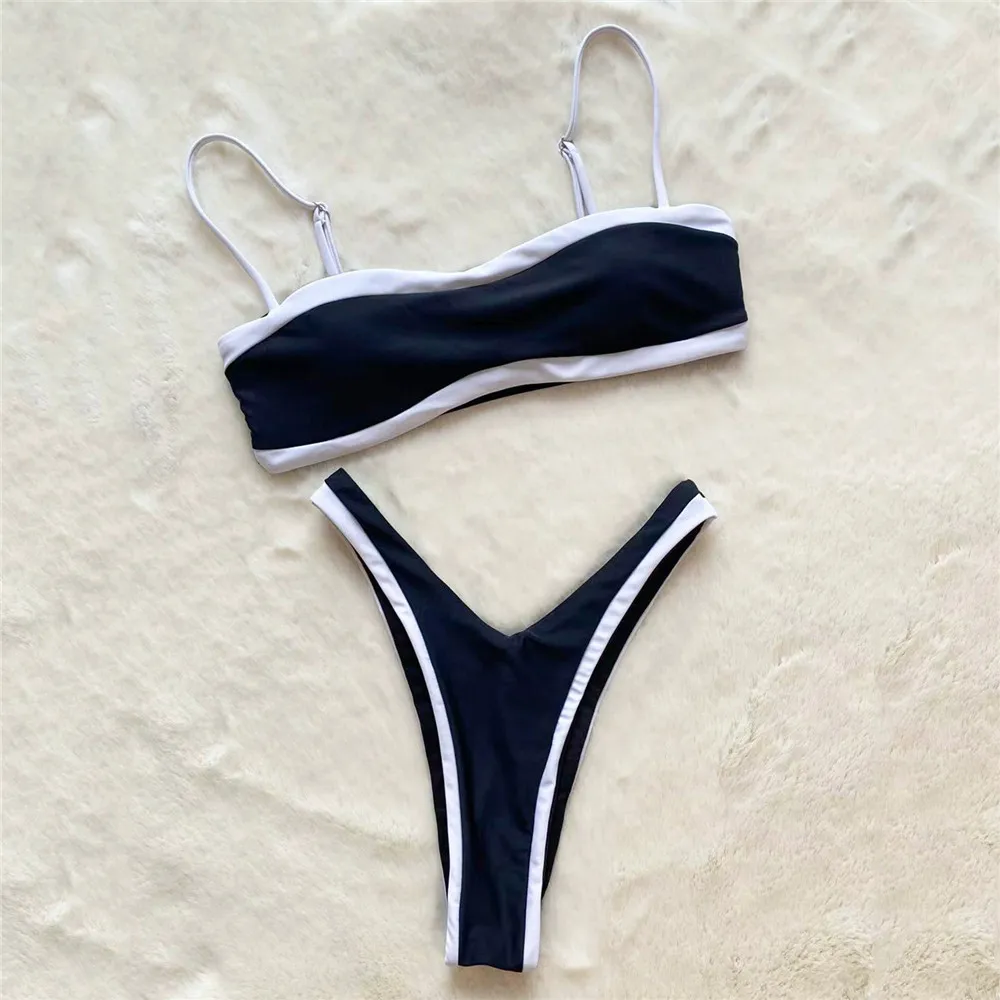 Conjunto de microbikinis Bandeau con Tanga negra, traje de baño Sexy para Mujer, traje de baño con borde blanco, traje de baño de corte alto, Bikini para Mujer 2025