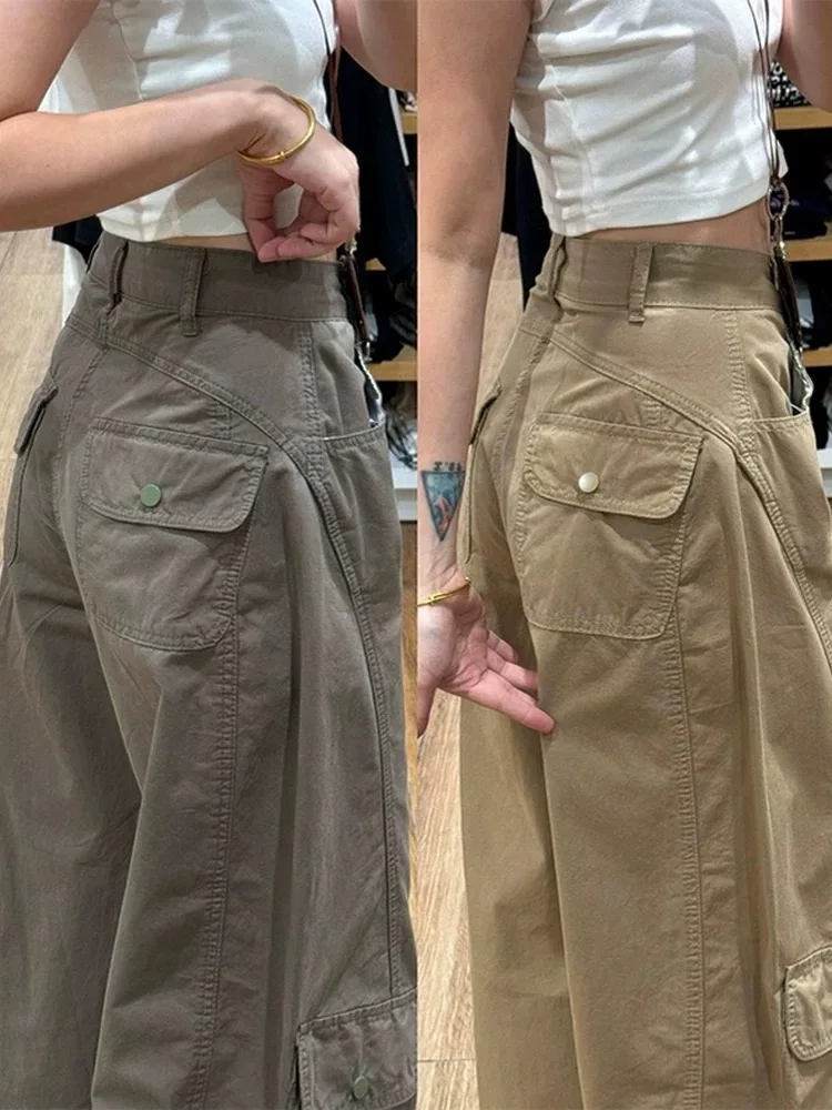 

Khaki American Sle Knife Work Pants Women Cool Straight Leg Jeans Large ket Wide Leg Pants Casual Faion