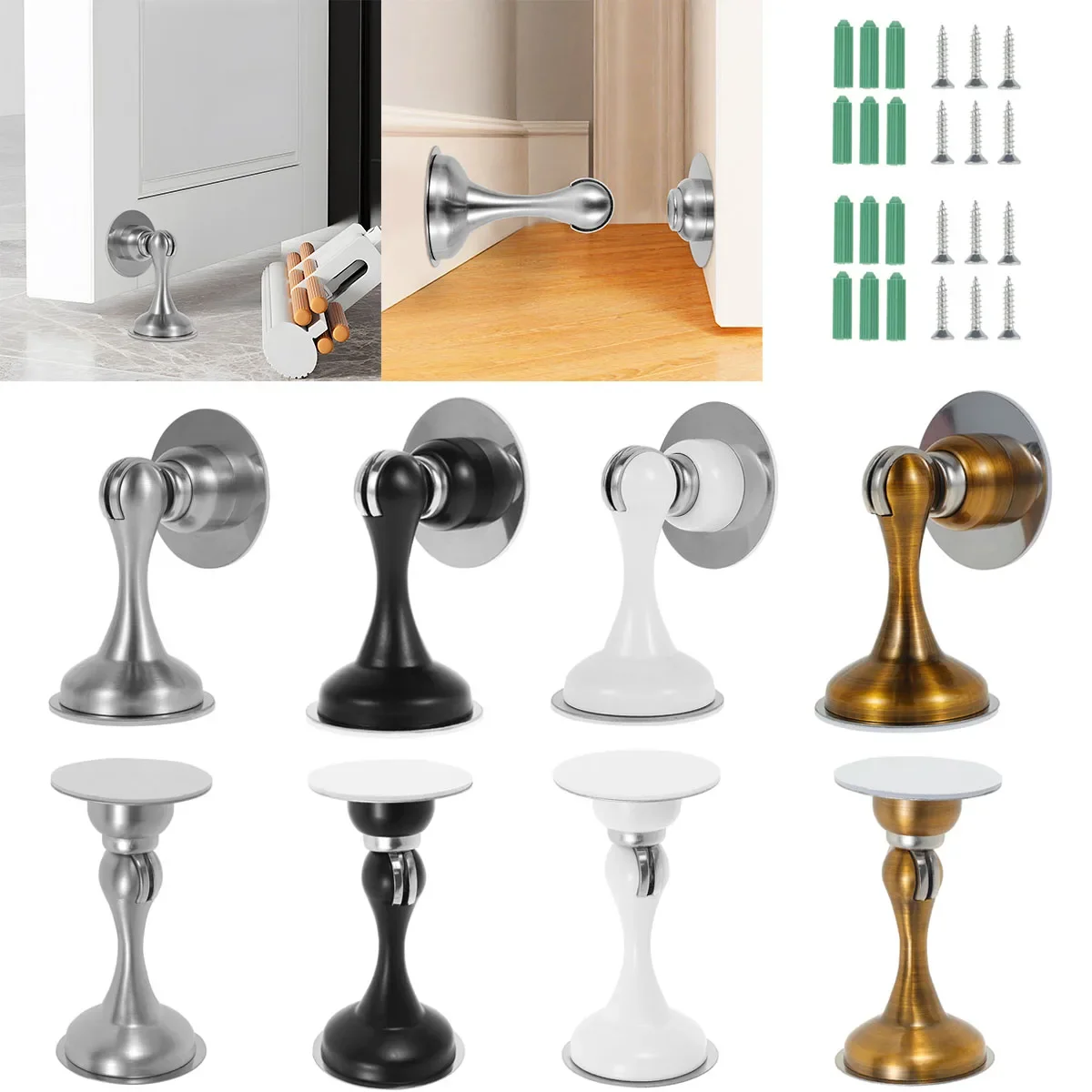 

2 шт. магнитный дверной стопор без перфоратора, клейкий или винтовой монтаж, держатель дверного стопора из нержавеющей стали, дверная фурнитура