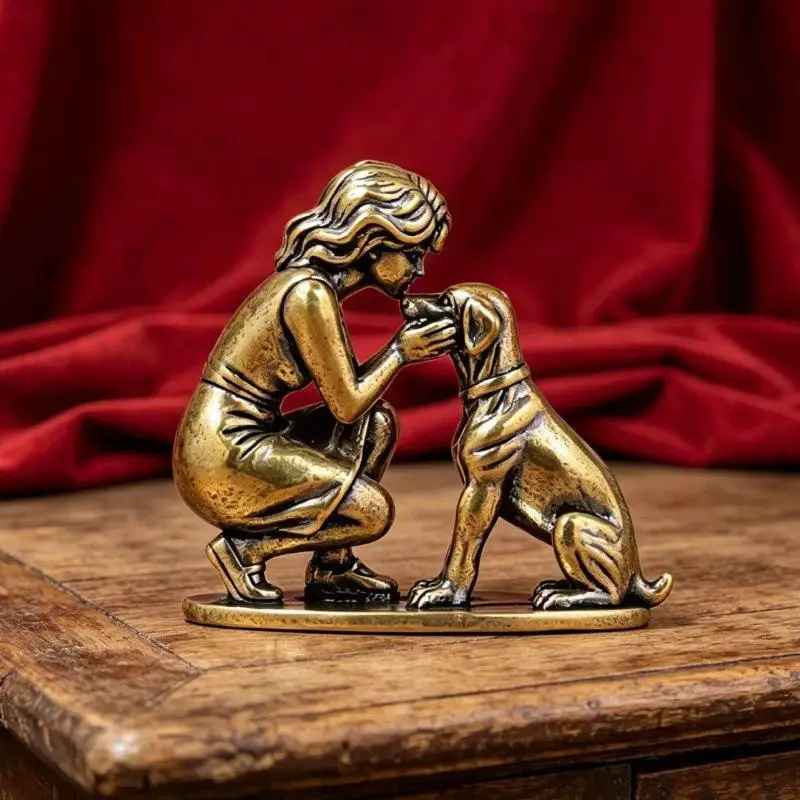 Vintage-Messingstatue von Mädchen und Hund, handgefertigt, fein geschnitzt, antik veredelt, Dekoration für Kinderzimmer, Wohnkultur, Geschenk für Feiertage. – Detail 10