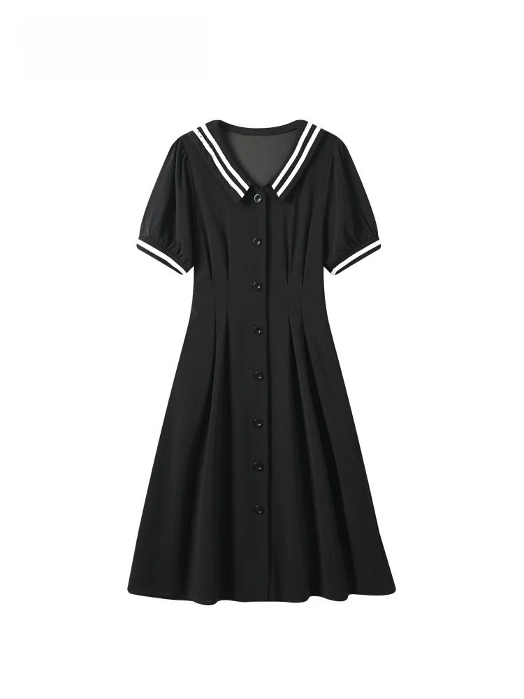 

Summer New Style College Theme Women's Dress plus Size Navy Collar Slimming A-Line Skirt Bubble Sleeve Casual Polyester Fiber
