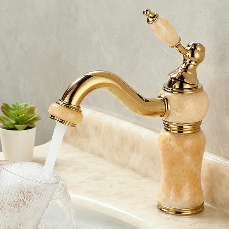 

Luxury Brass and Jade Bathroom Faucet - Gold Sink Mixer Tap for Basin, Anti-Leak Ceramic Cartridge, Easy Install, Shiny Finish