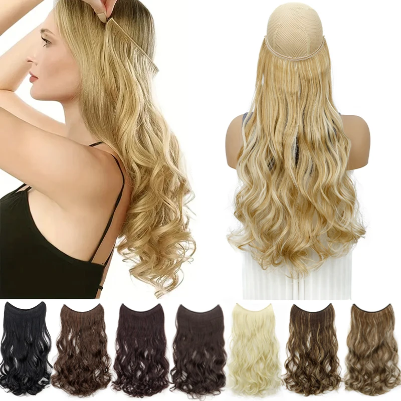 

20Inch Synthetic Curly Wavy No Clip Fish Line Invisible Hair Extensions Mixed Color Blonde Black False Hair Piece for Women