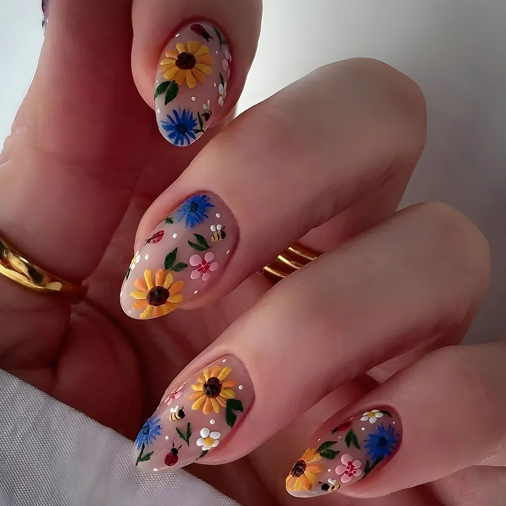 24pcs Garden Style False Nails With Colorful Flower Designs Glossy Almond Press On Nails Full Cover Artificial Autumn Fake Nail