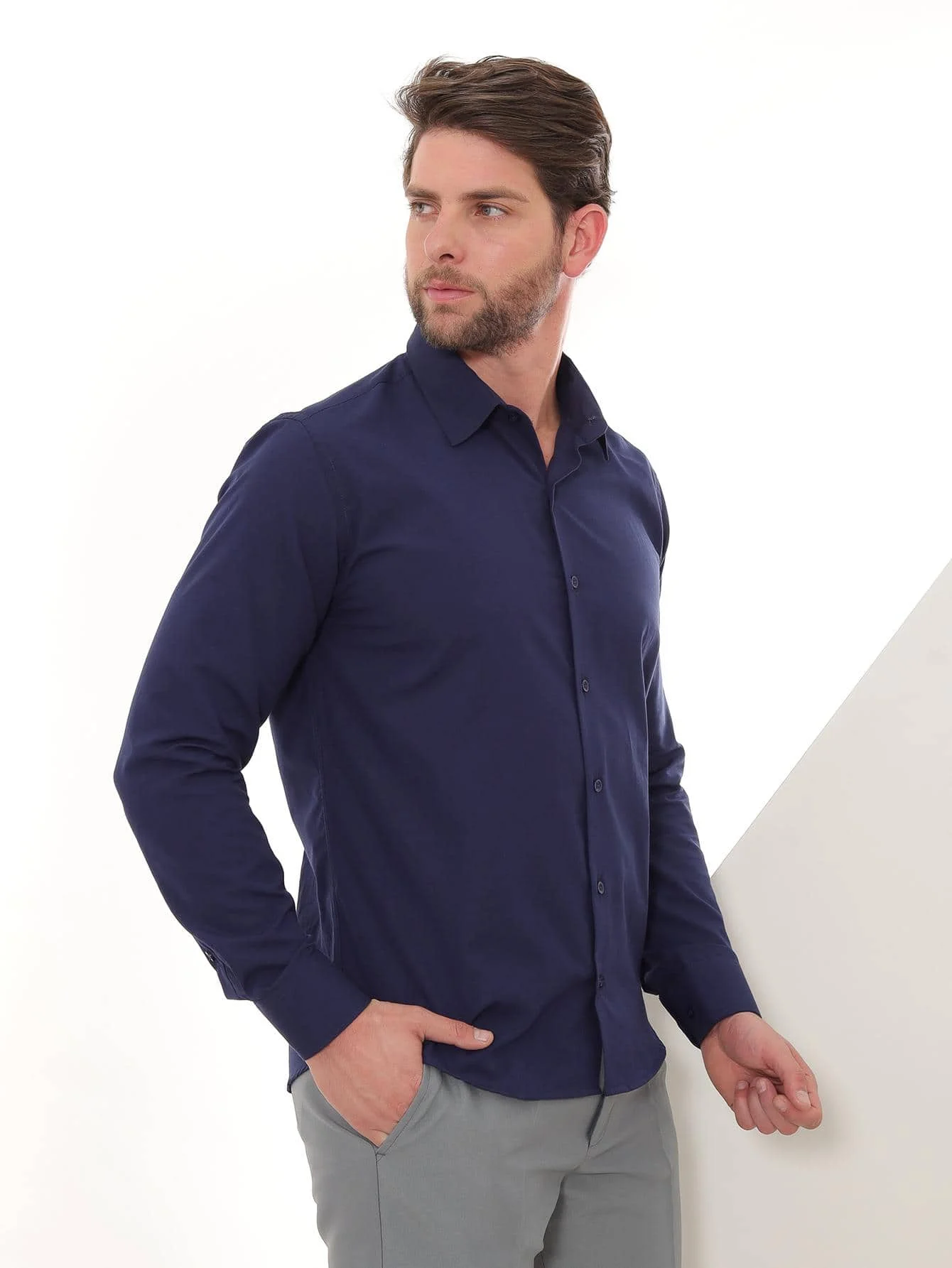 Navy Blue Slim Long Sleeve Social Shirt